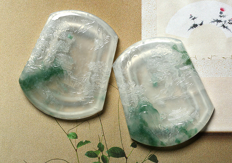 翡翠摄影——冰种飘花山水牌对牌