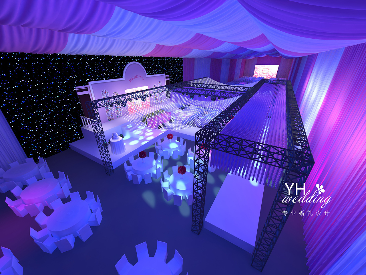 yhwedding婚礼设计:粉紫色大场景婚礼3d效果图
