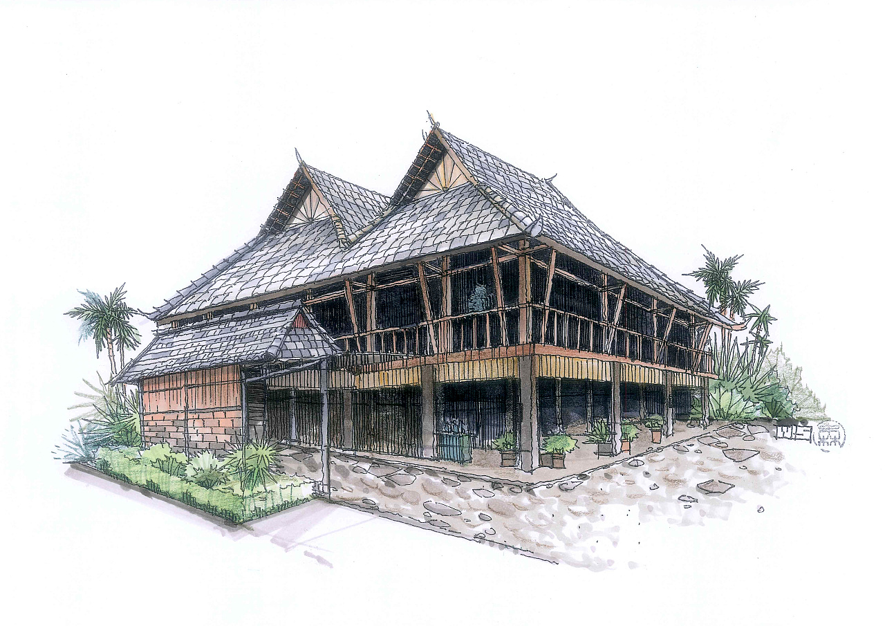 纳西族民居建筑图手绘图片