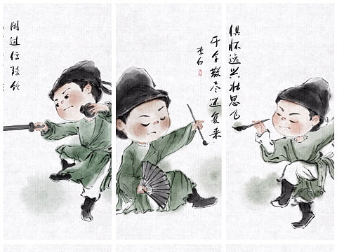 仿水墨人物儿童插画 |酒仙·诗仙·李白（合集）