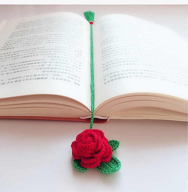 纯手作毛线编织浪漫rose玫瑰花书签
