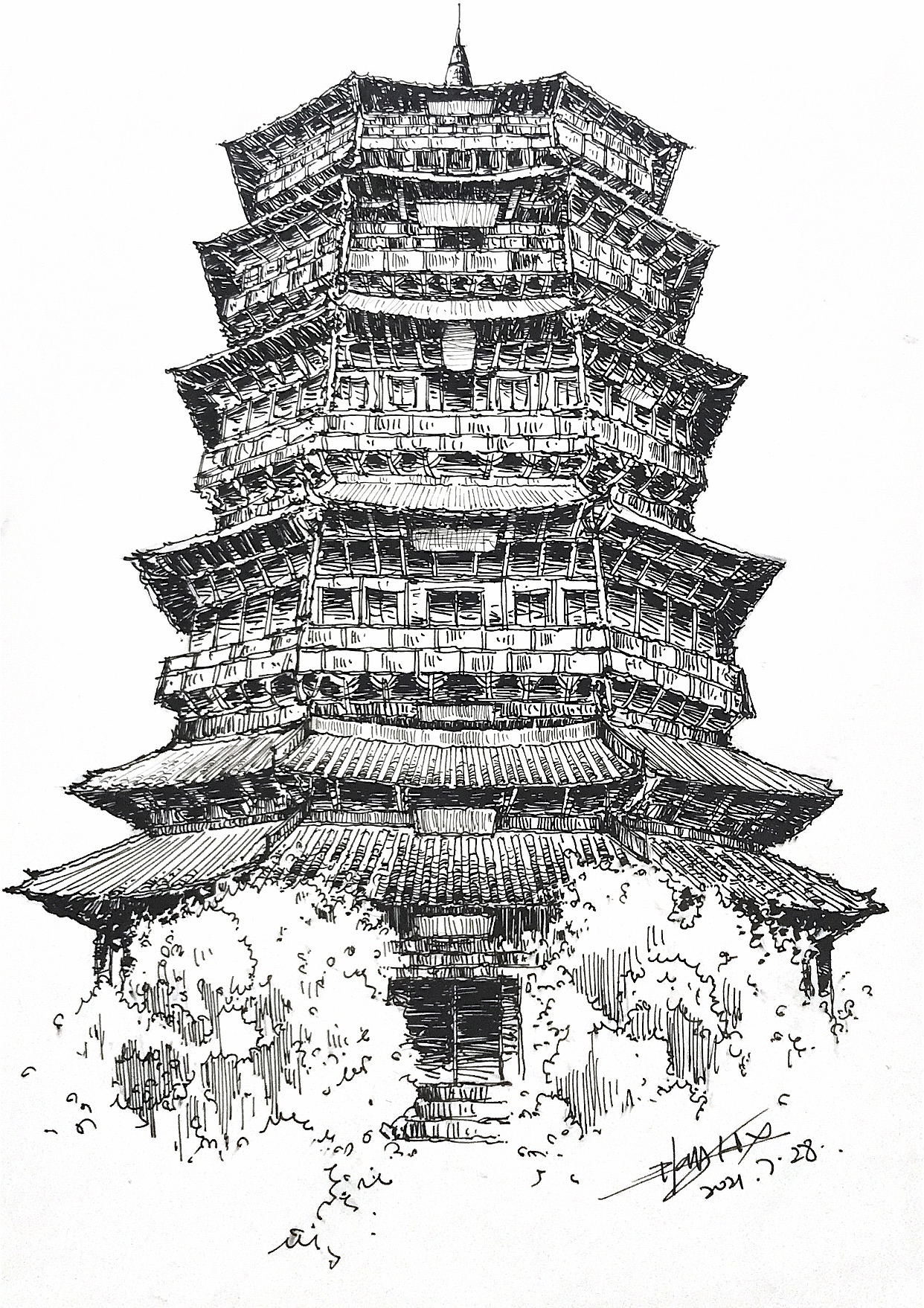 古建筑手绘  应县木塔