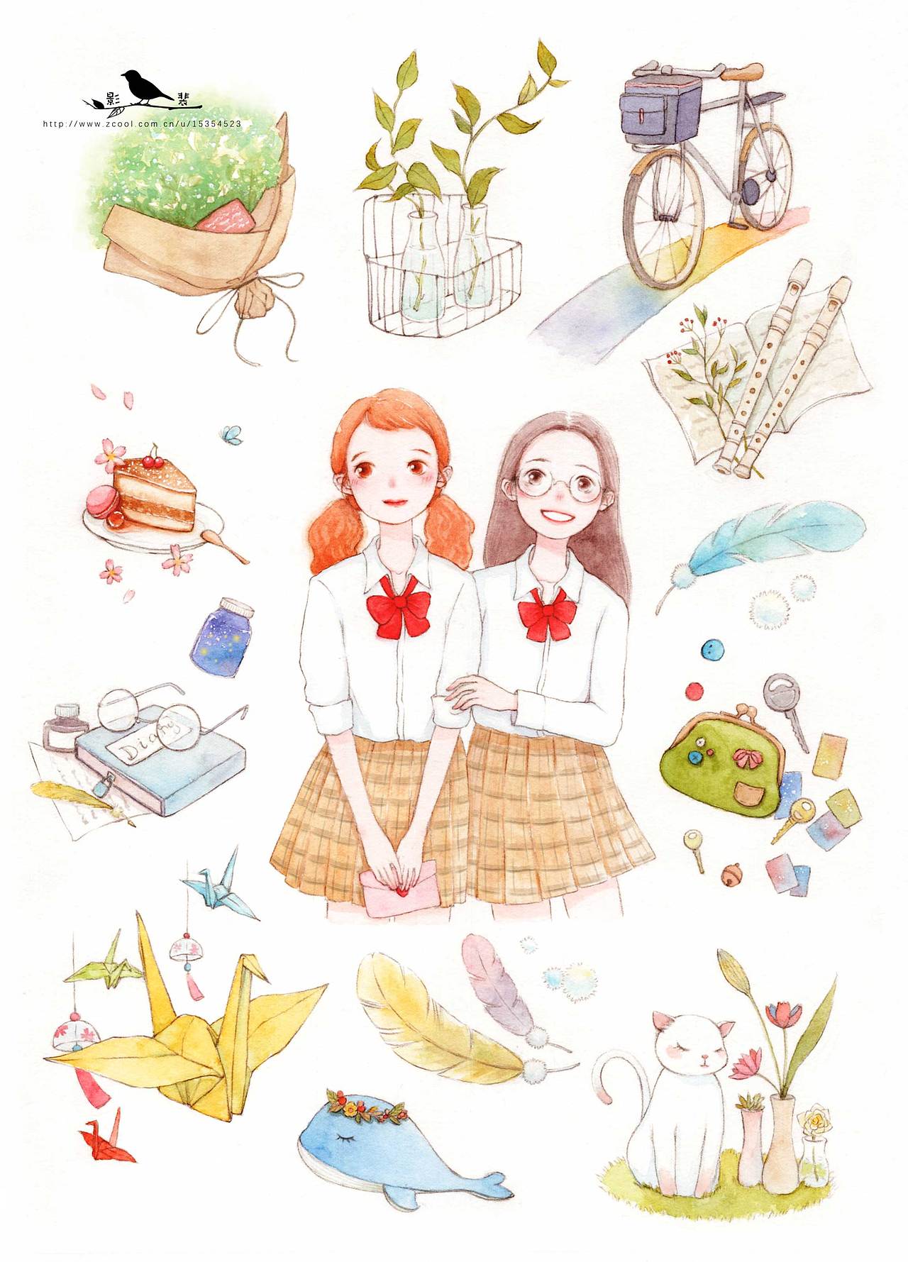 水彩贴纸-闺蜜主题（图ZMTk4NjE1NTQ4） - 商业插画 - 站酷设计师阿黄本黄原创素材 - 站酷ZCOOL