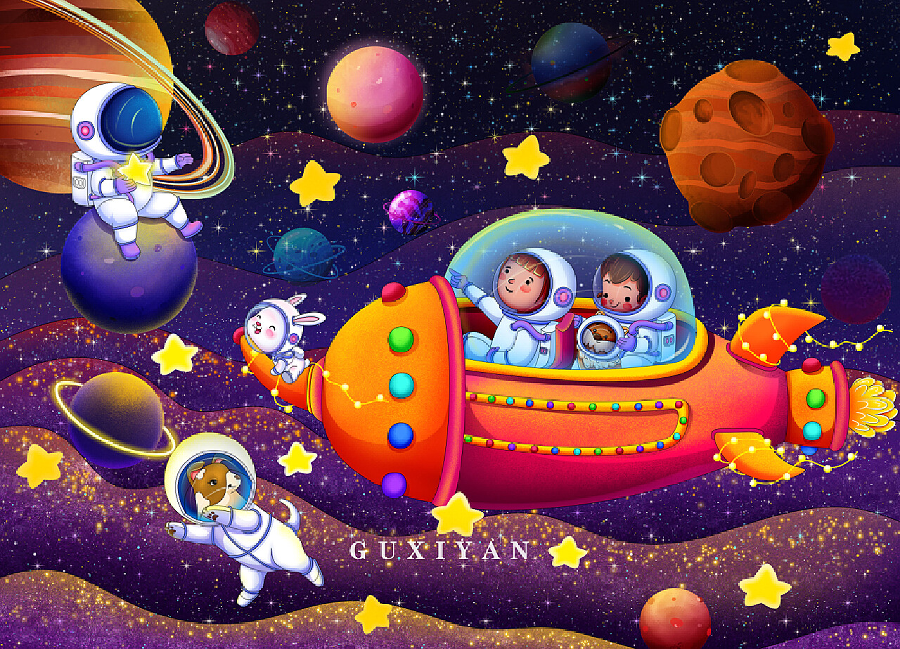 卡通科幻空间背景宇宙飞船遨游太空宇宙星系航天梦矢量素材