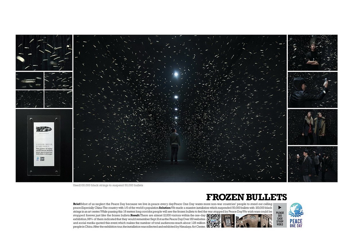 我们有幸生活在这个和平的时代,然而我们又是最容易忽视和平的一代。
如何让身处和平世界的人们了解到更多战争国家的痛苦呢?创意团队为Peace One Day(世界和平日)发起了一个展览,希望更多人能站出来呼吁和平。