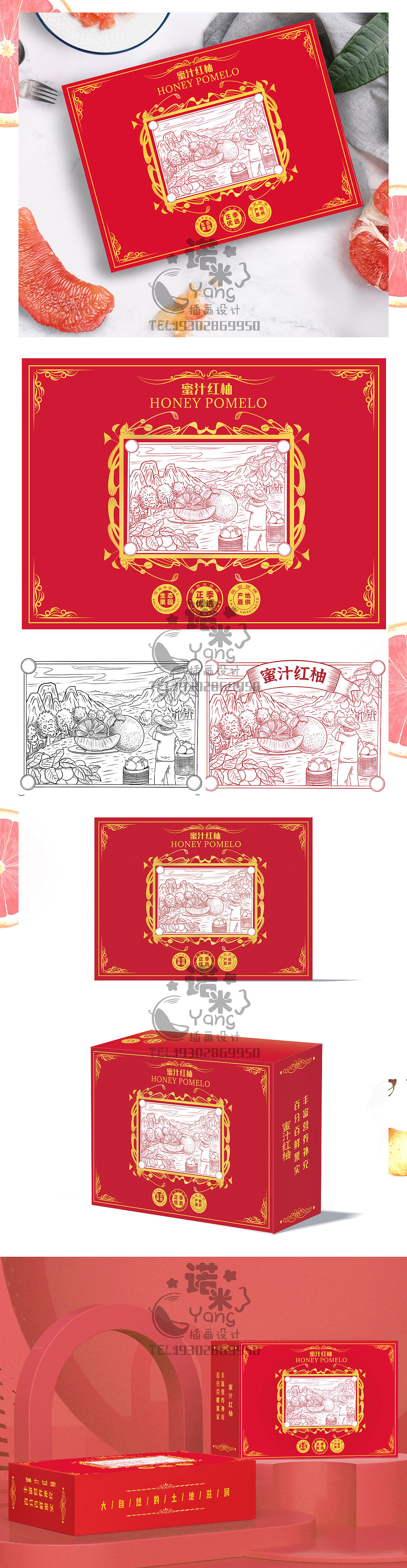 手绘风蜜柚水果包装插画