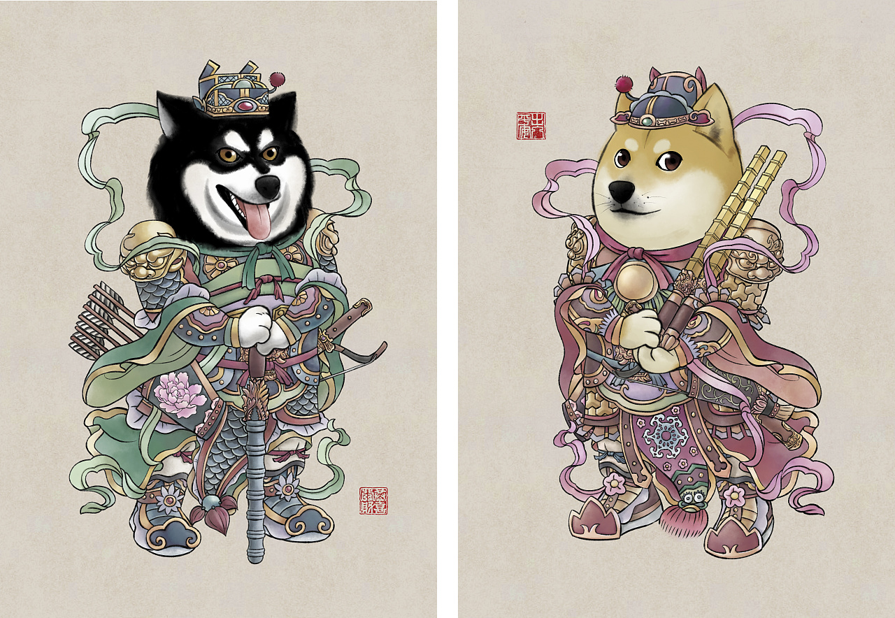 风俗年画之狗狗门神黑的是阿拉斯加黄的是柴犬