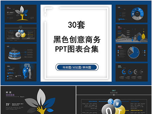 30套创意黑色商务丰富素材设计可视化PPT图表合集