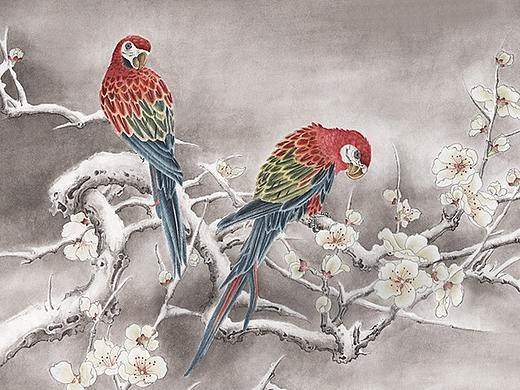 卢芳工笔画雪景鹦鹉