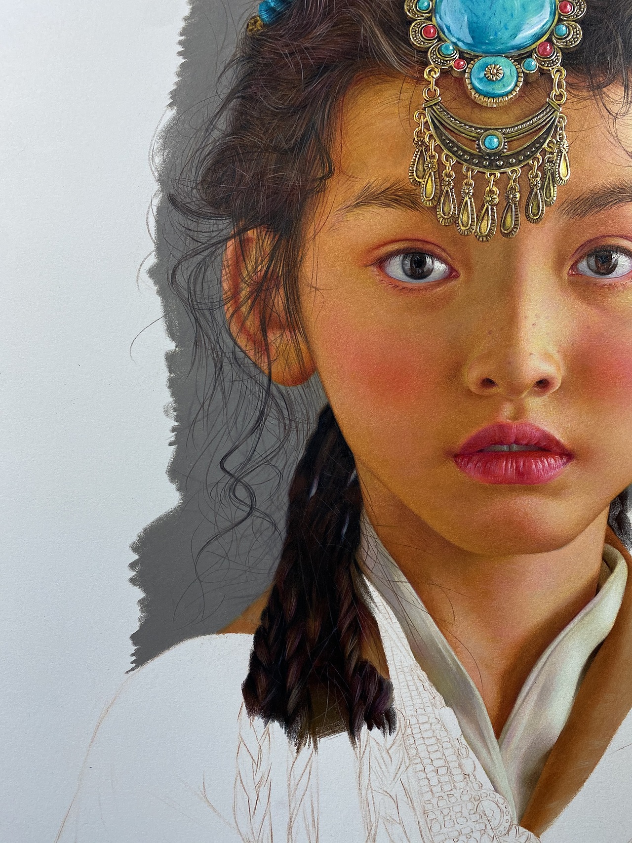 彩铅人物-《头戴绿松石的小女孩》