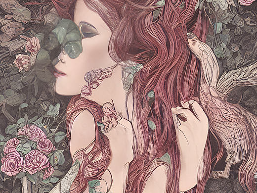 #AI创作实验室#铜版画  背景为藤曼植物、小鸟，主体为