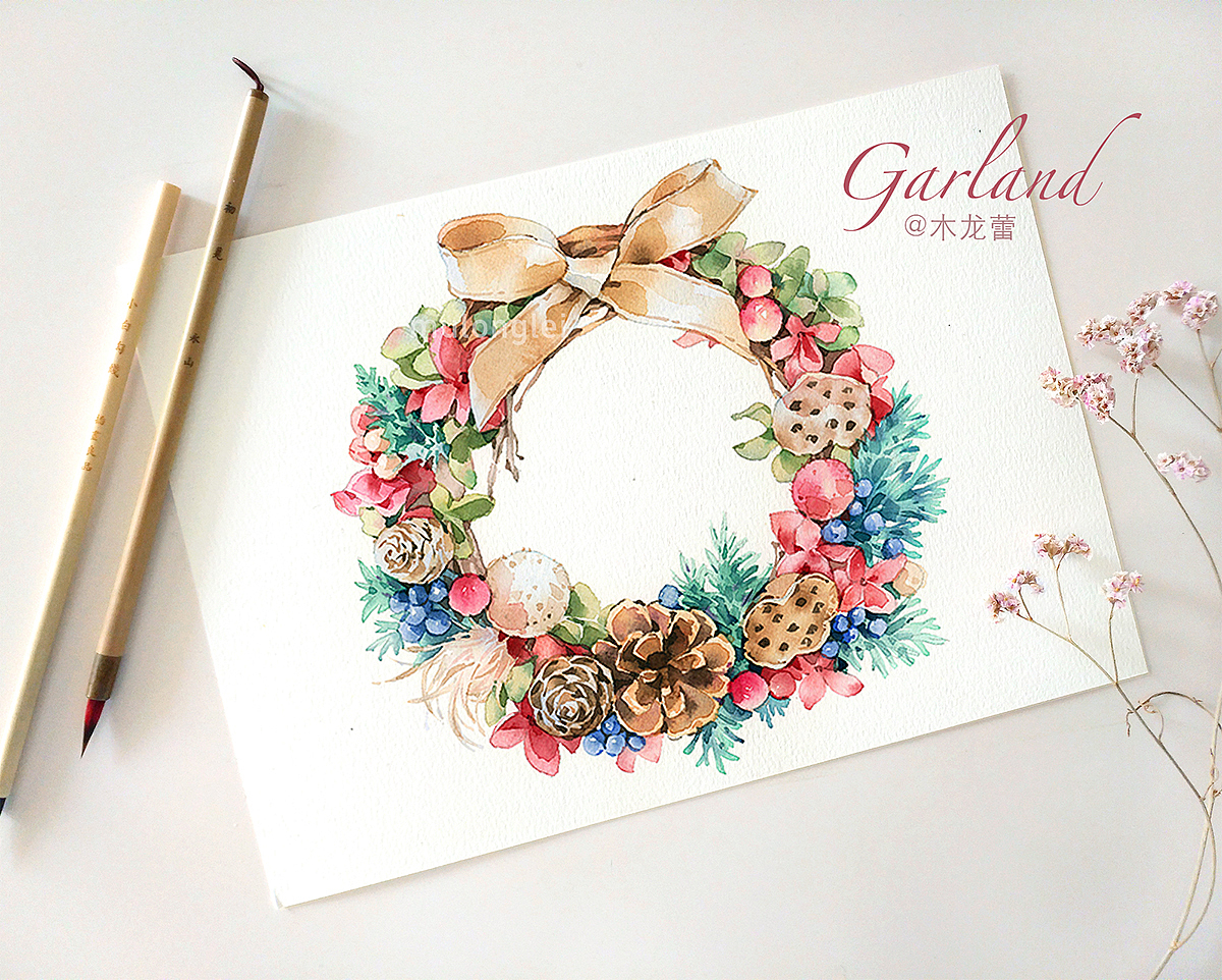 水彩 温暖圣诞花环
