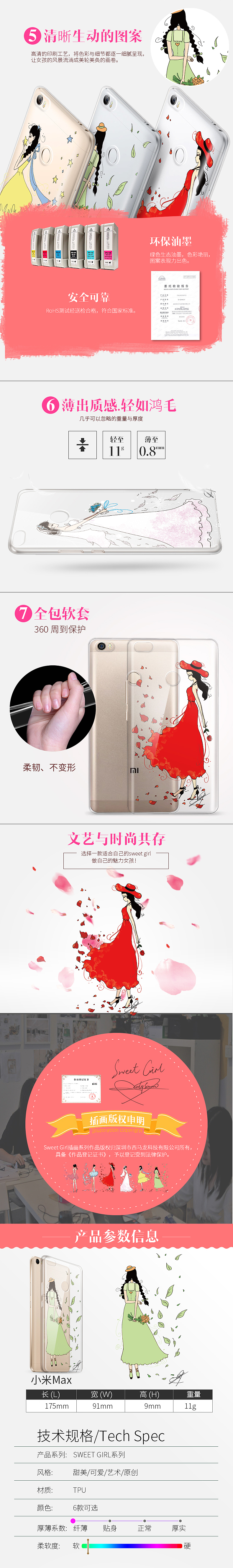 淘宝天猫京东3C数码配件类目-数码小米MaxTPU透明壳/浮雕原创彩绘手机壳套爆款详情页设计 PS画