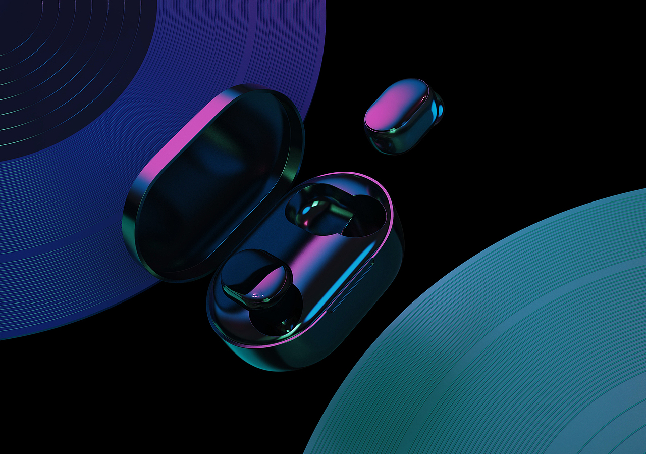 一组Redmi Airdots蓝牙耳机渲染图