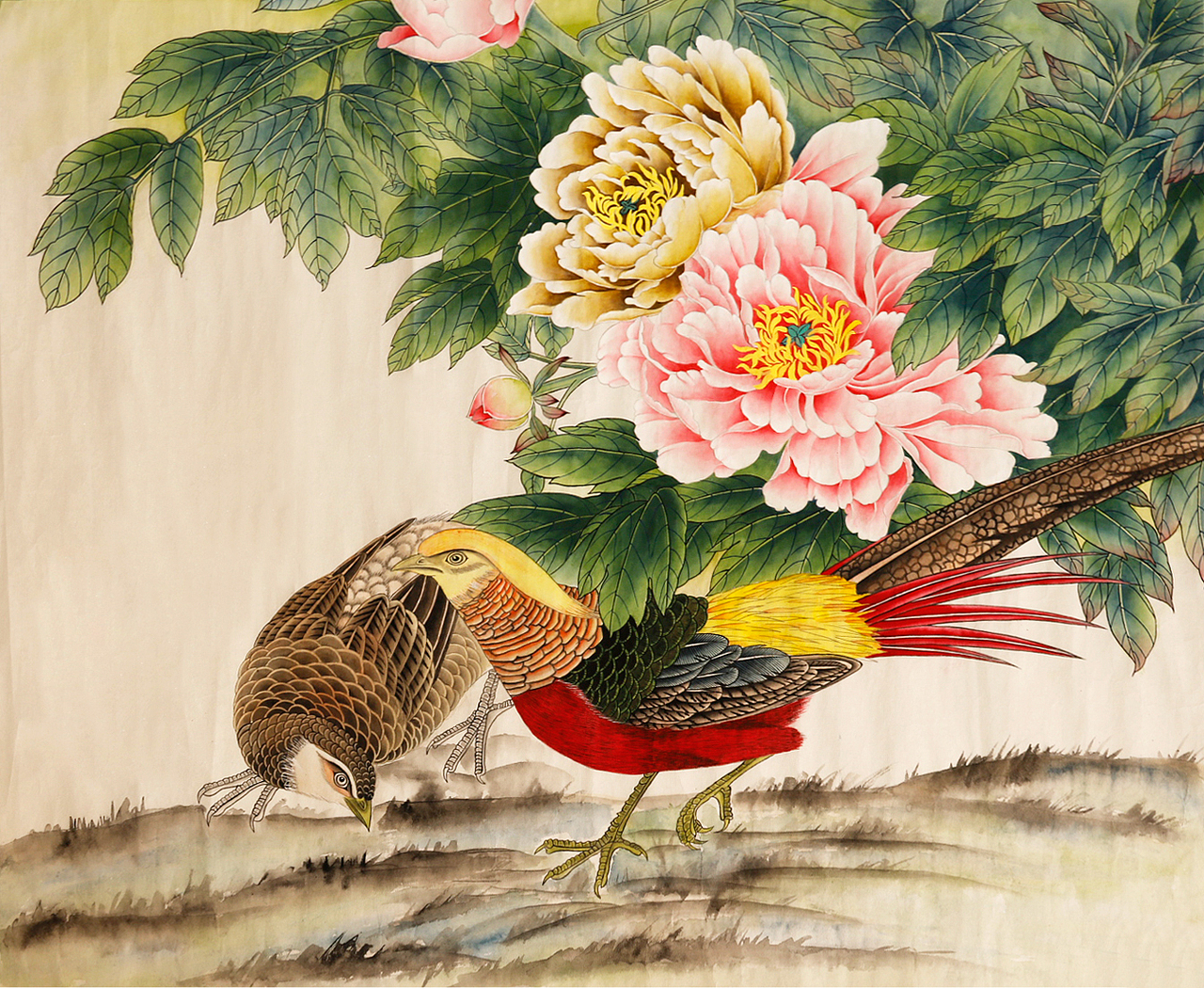 锦鸡牡丹工笔画