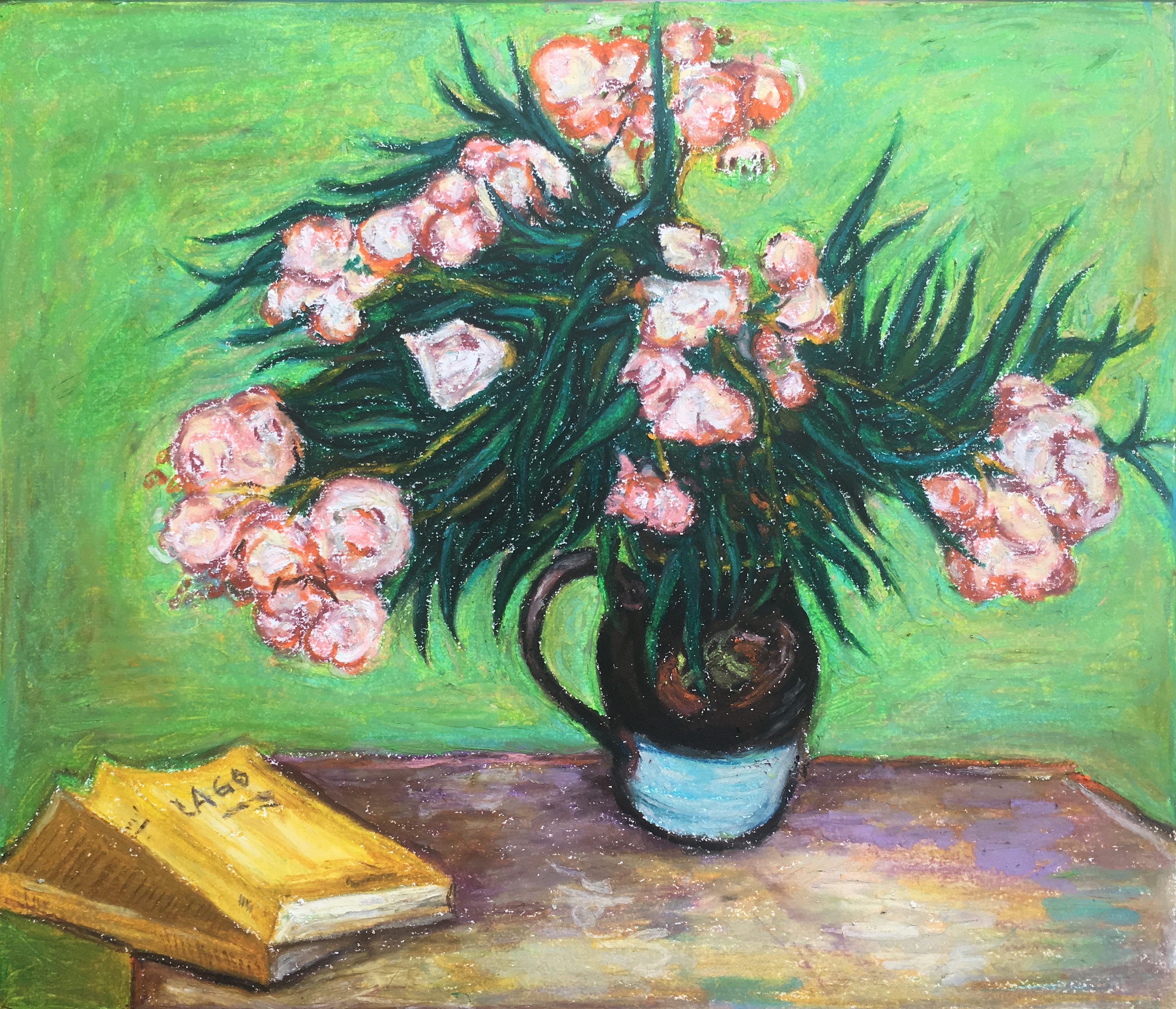 油画棒练习分享之梵高作品《马约里卡瓷瓶中的夹竹桃》