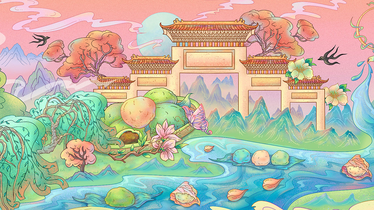 原创国潮风春季踏春插画长卷