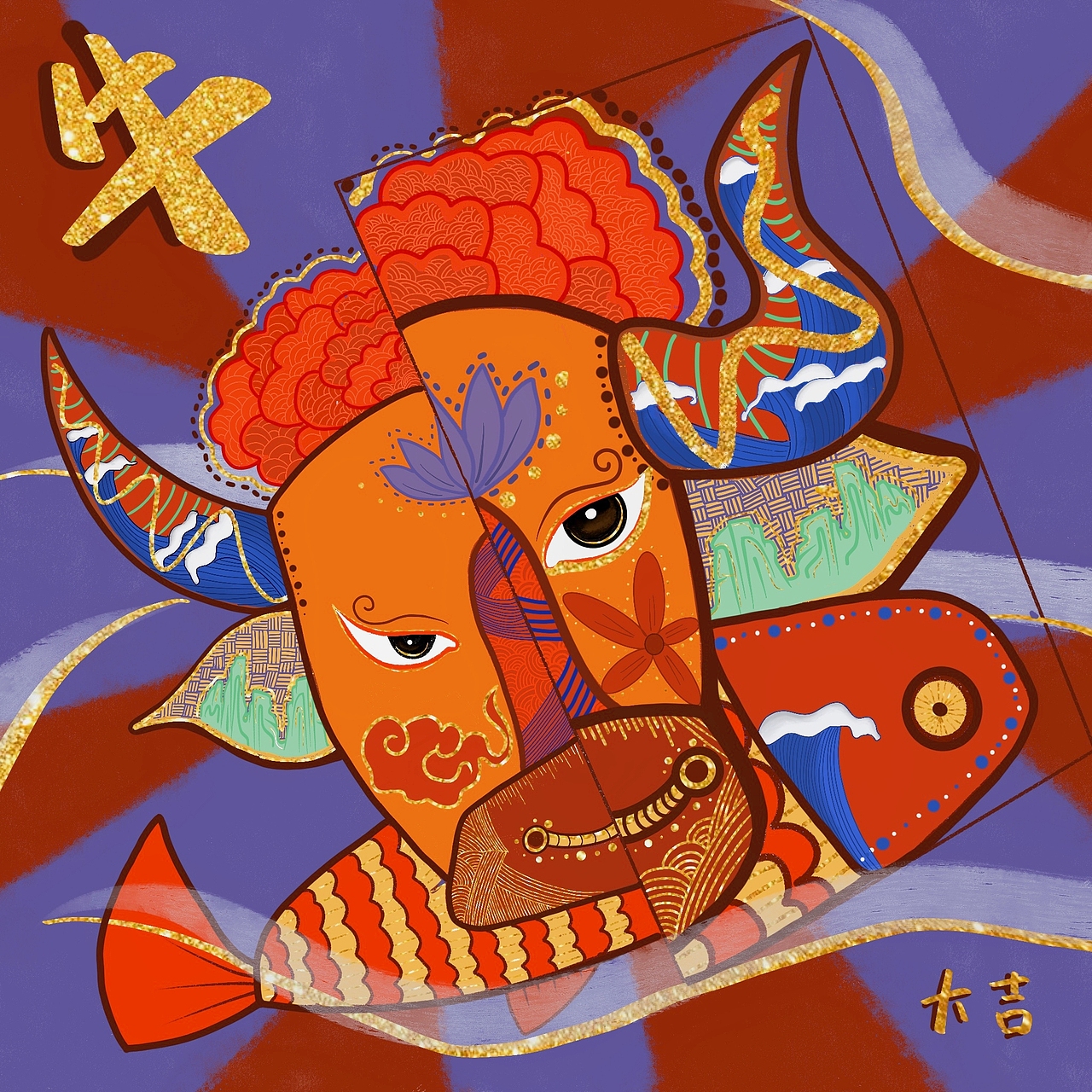 分享收藏虎年插画 如虎添翼龙门手绘插画手绘插画【七夕奇妙夜】兽面