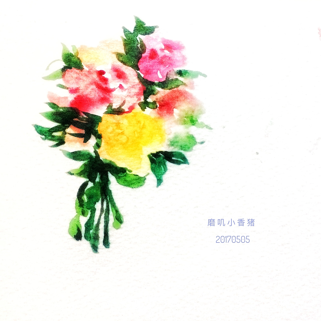 这是比较早打卡的一张花束,画的比较随意,本身也比较简单。
先用圆圈确定花朵的大概位置,画完花朵后,在间隙之间补上叶片和枝条就可以了。<br>画的时候很多同学的画面都比较平,转换成黑白也就是都是灰调,缺乏黑白的对比。对于一开始接触画画的人来说,多数情况下都不敢下重色来压一下画面,或留白来增加光感。其实只要改善了这个问题,画面就能有很大的提升。