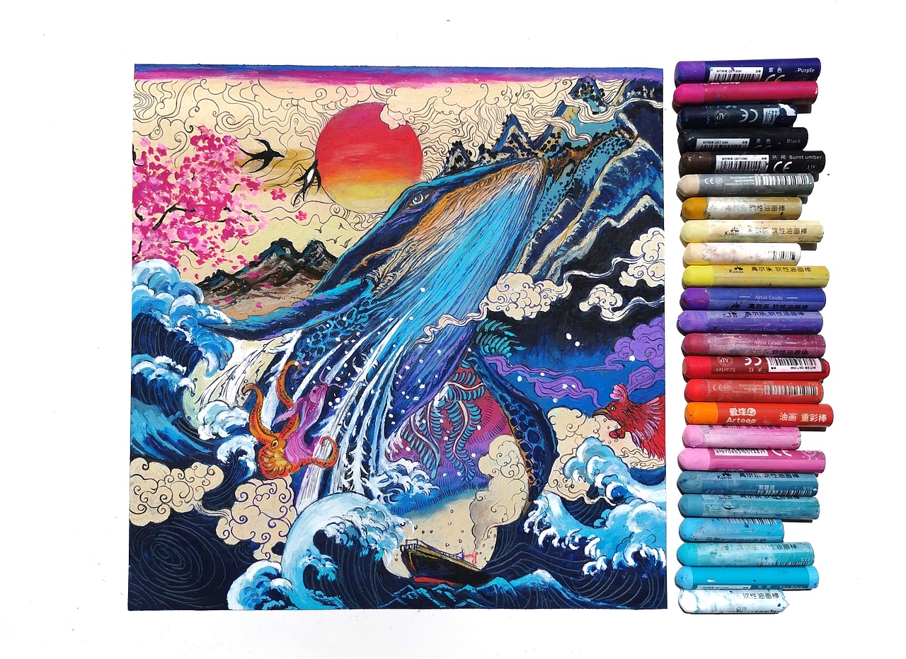 浮世绘油画棒—临摹魔幻系插画作品 鲸落