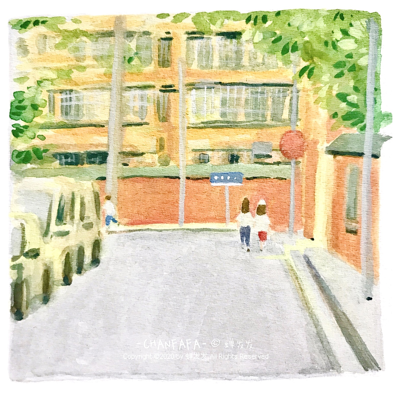 手绘 不透明水彩 街道