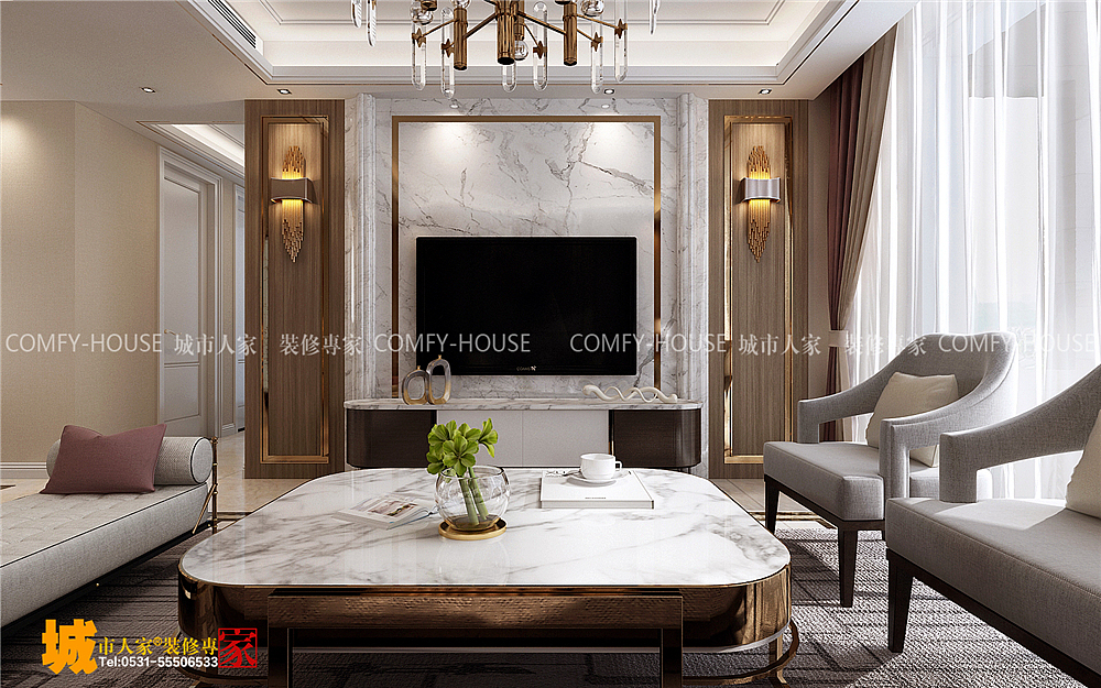 鲁能泰山七号现代轻奢风格三室两厅装修效果图