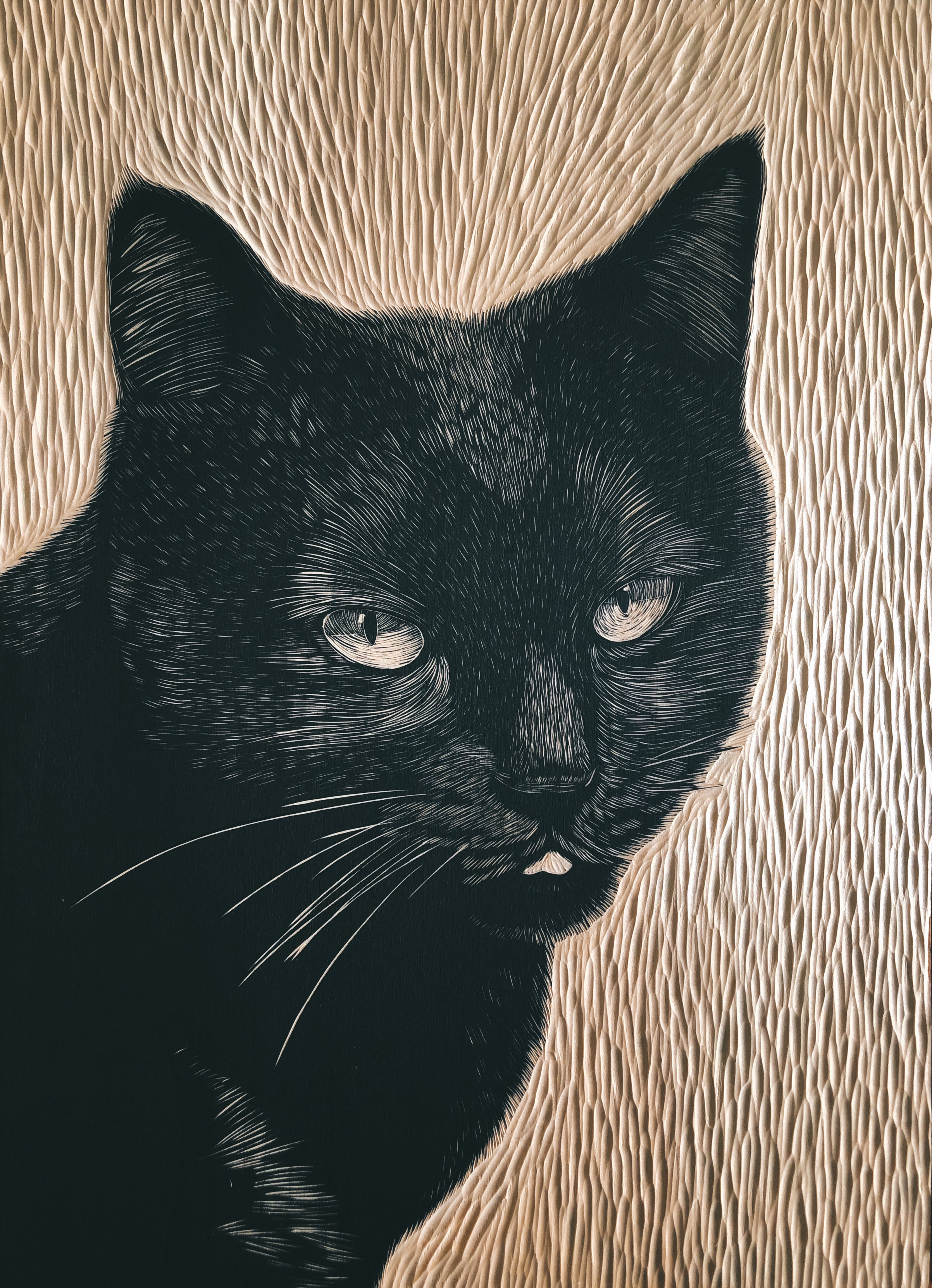 【猫咪】手工雕刻黑白木刻版画