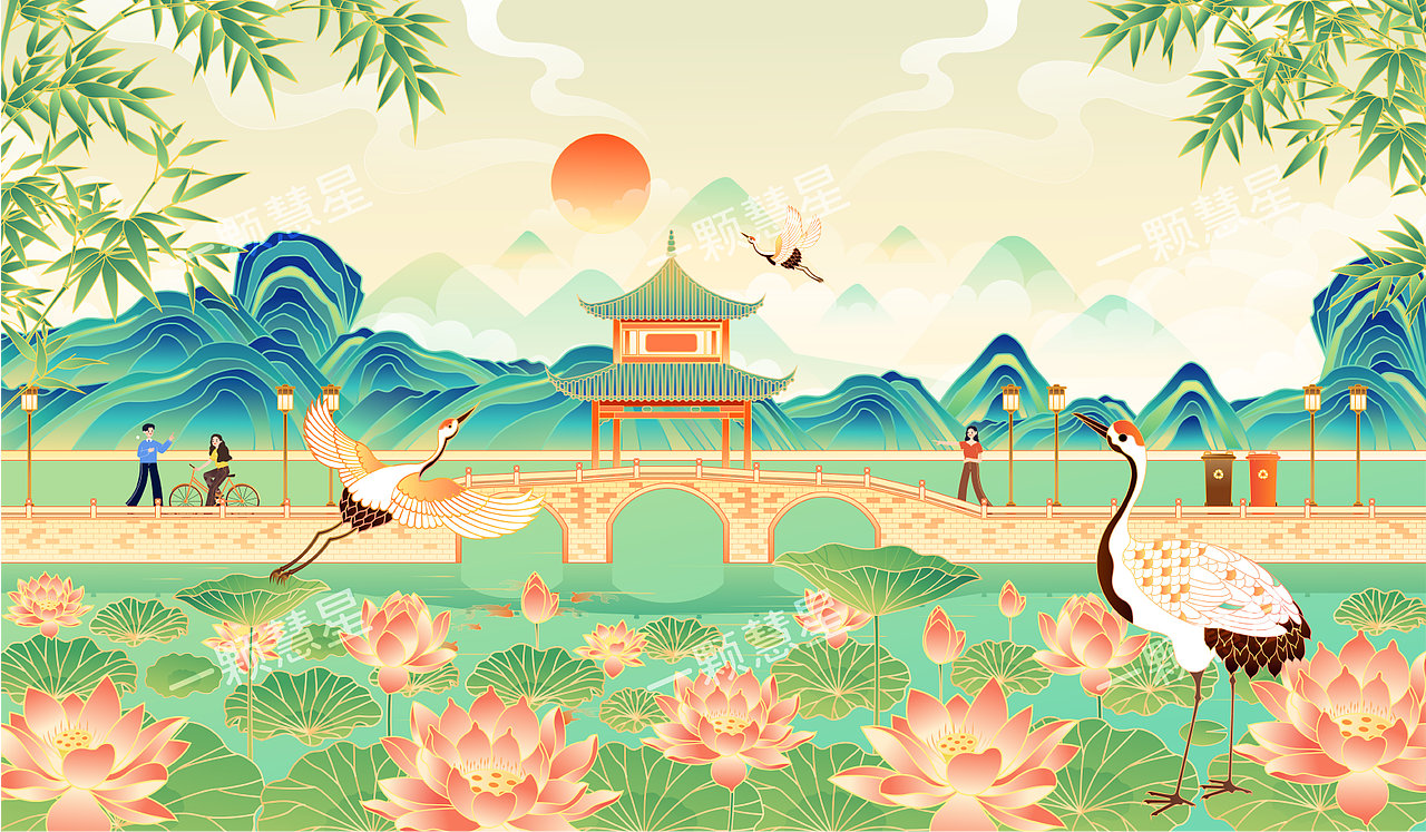 国风园林山水（图ZMjU2NTE0NDI4） - 商业插画 - 站酷设计师晚风在画画原创素材 - 站酷ZCOOL
