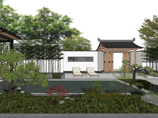 现代别墅庭院景观SU模型下载