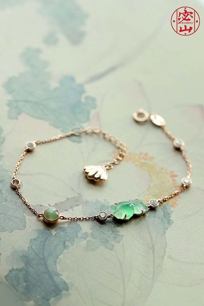 【密翠珠宝】高冰种阳绿翡翠金鱼手链