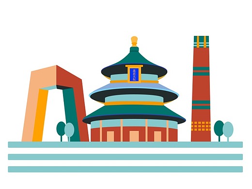 北京天坛标志性建筑扁平风建筑