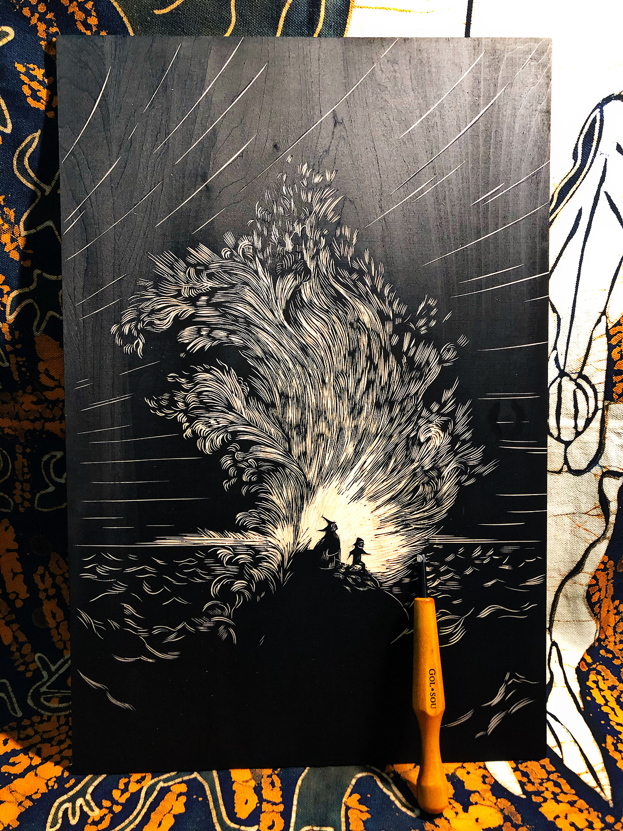 手工雕刻黑白木刻版画抽象风景人物