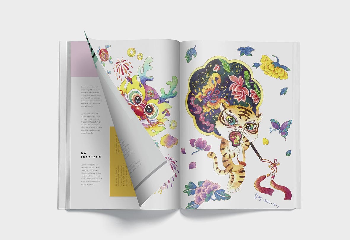 中国风萌虎来袭、虎虎生威、虎贺新春、财神刀马旦年画