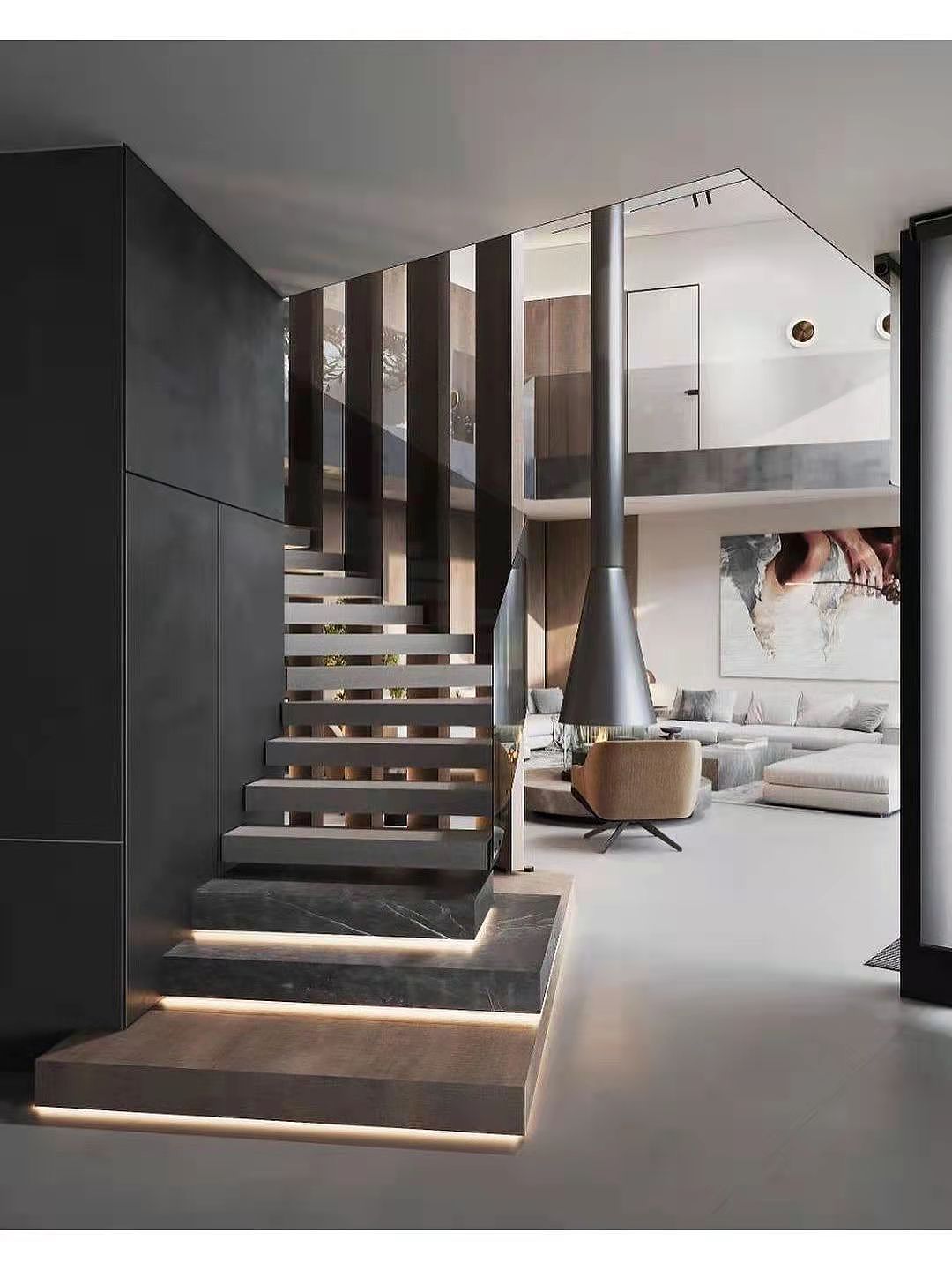 大落地玻璃真火壁炉旋转楼梯爱了