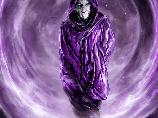 #AI创作实验室#扭曲的紫色空间走出全身紫色斗篷冒着牡