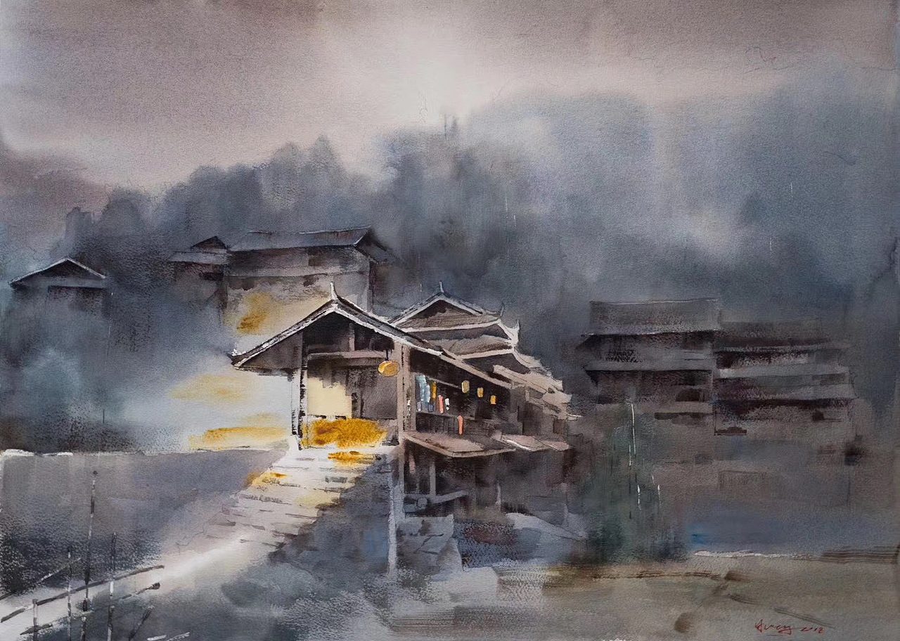 《风雨桥—三江写生》