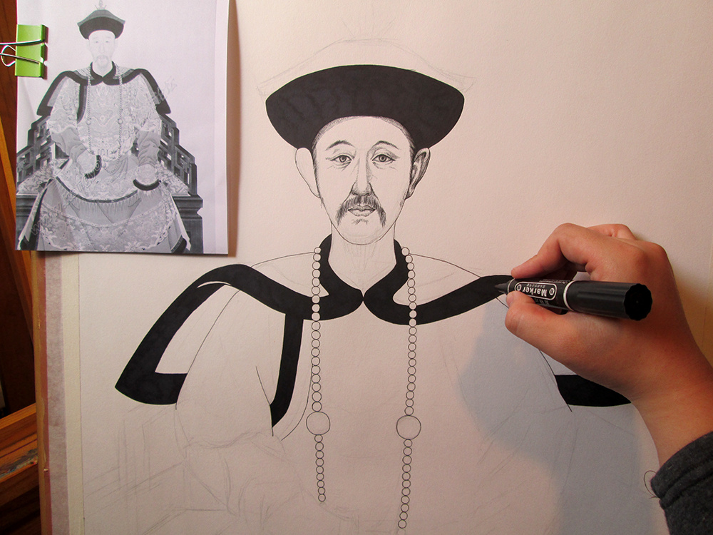 《皇上》对开硬笔画手绘过程