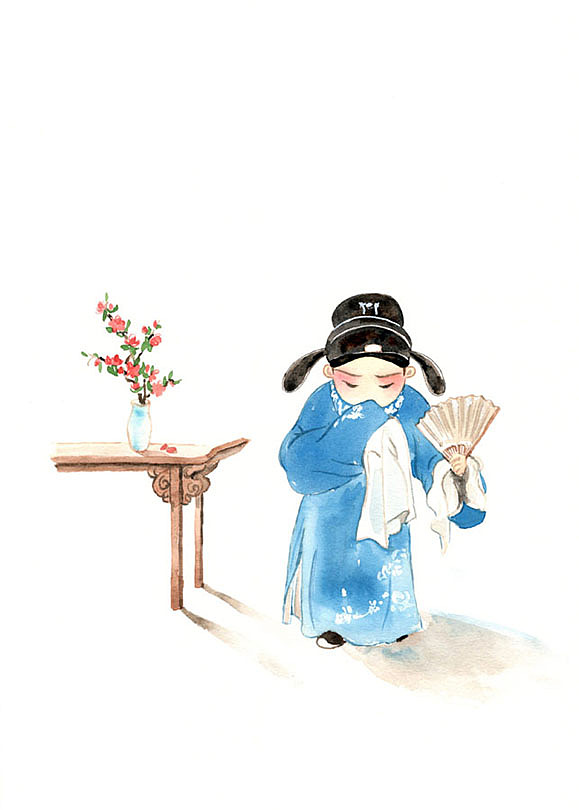 题画 
李香君血溅诗扇，侯方域重返秦淮，人去楼空，惟有二度桃开，酷似定情之初，触景生情，睹扇怀旧，勾起公子无限感慨。