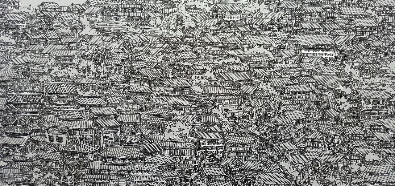 范炯钢笔画手绘表现《千户苗寨》