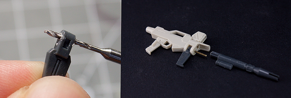 光束步枪居然做到了MG都没做到的分件,但是也算不上完美,
枪身做无缝处理之后副握把就放不进去了,所以用打桩作为转动轴,<br>在组装前可以很好地分件涂装。