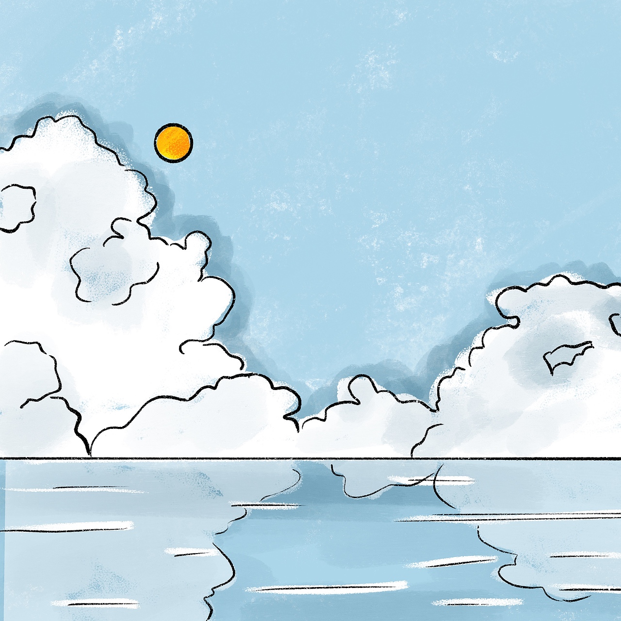 蓝天白云高山湖水风景插画