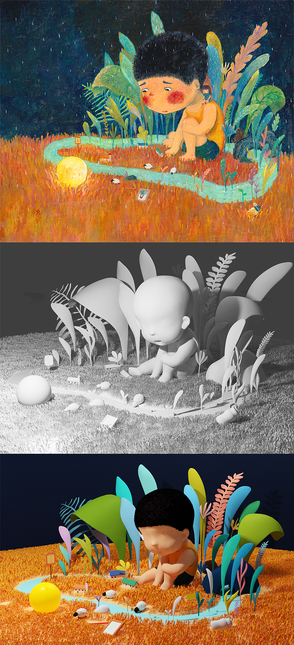 月亮掉下来了 2D-3D（图ZMTkyMzgxOTU2） - 儿童插画 - 站酷设计师罗汉果儿原创素材 - 站酷ZCOOL