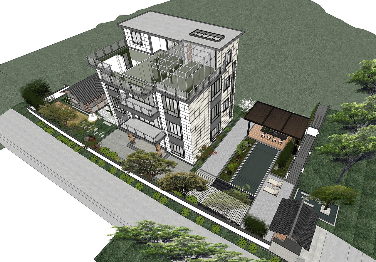 现代别墅庭院景观SU模型下载