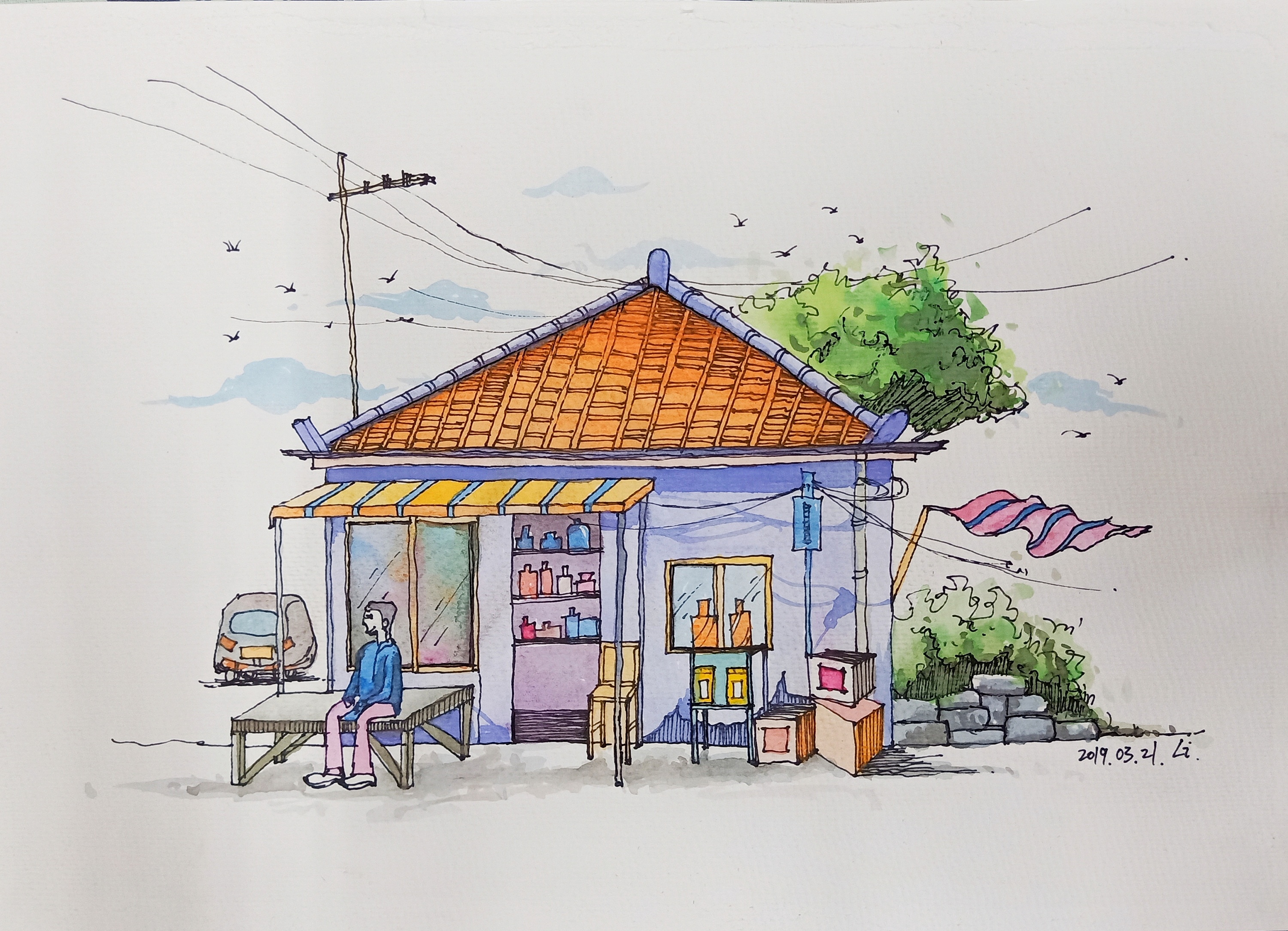 临摹了两幅小房子,更喜欢线描阶段|纯艺术|绘画|爱墨手绘 - 临摹作品