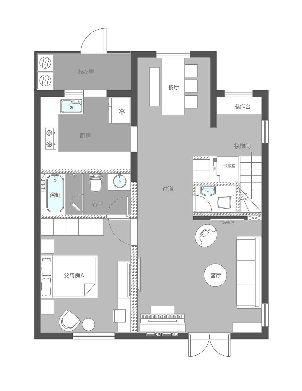 一楼改造后平面布局图  br>根据原始房屋顶梁的位置,作为空间的划分