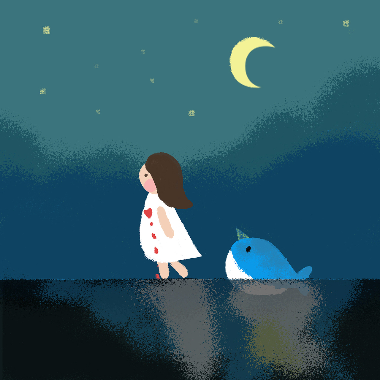 当中偷懒 隔了几天画了个和蘑菇女孩同系列的画面 简称鲸鱼女孩 配色