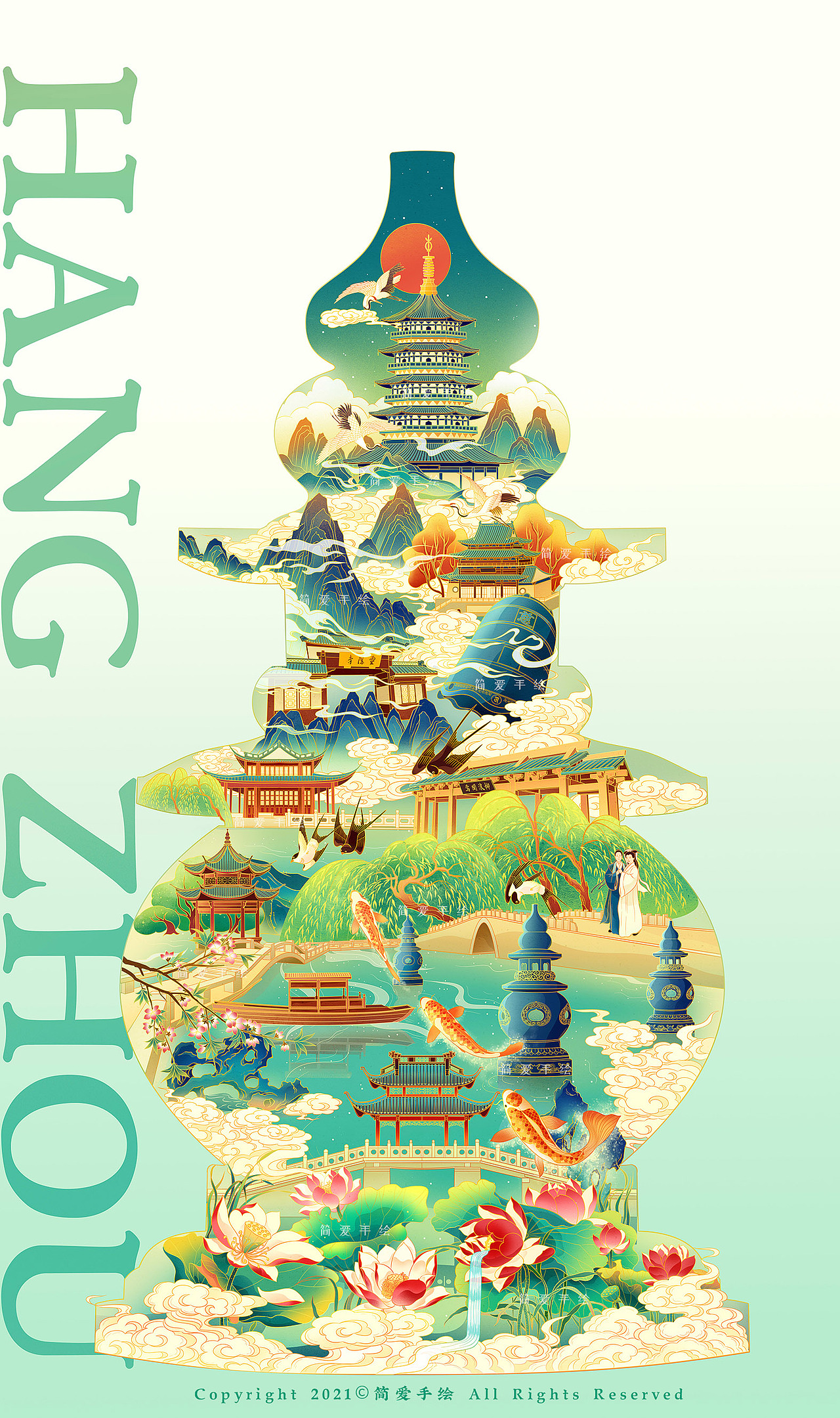 【西湖十景】杭州主题国风插画（图ZMjUzNDIzMzE2） - 创作习作 - 站酷设计师简爱手绘原创素材 - 站酷ZCOOL