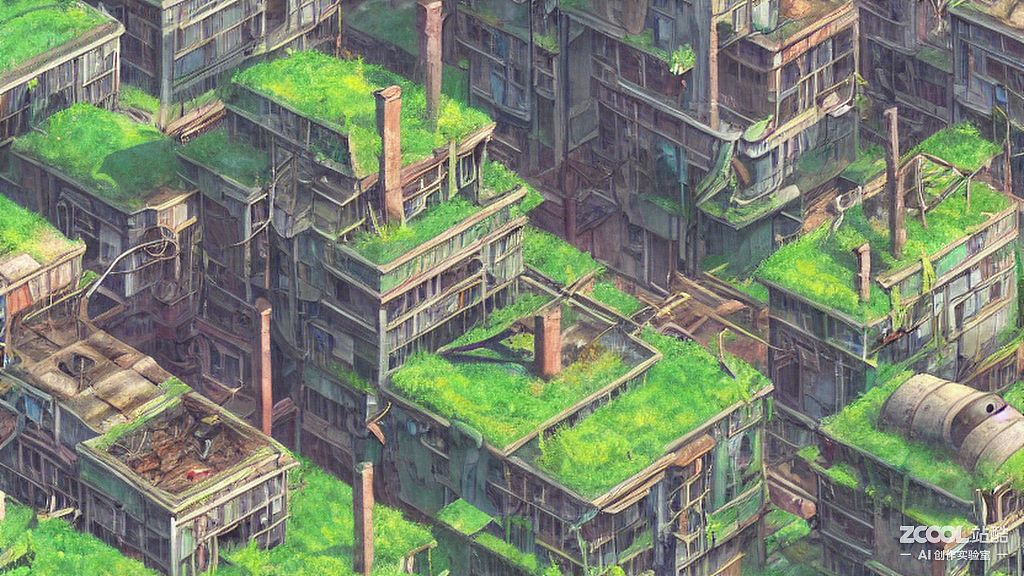 #AI创作实验室#破败建筑，生锈，绿色植物从裂缝中