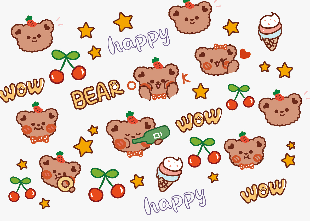 卡通手绘可爱熊表情包插画设计图案卡片贴纸毯子文创