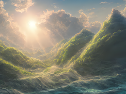 #AI創(chuàng)作實驗室#云、山、陽光灑在海平面，寫實，吉卜力